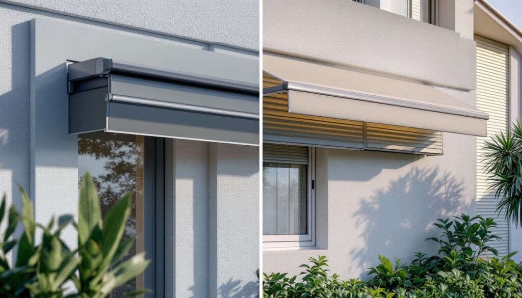 casa con toldo plegable en dos posiciones extendido y retraido