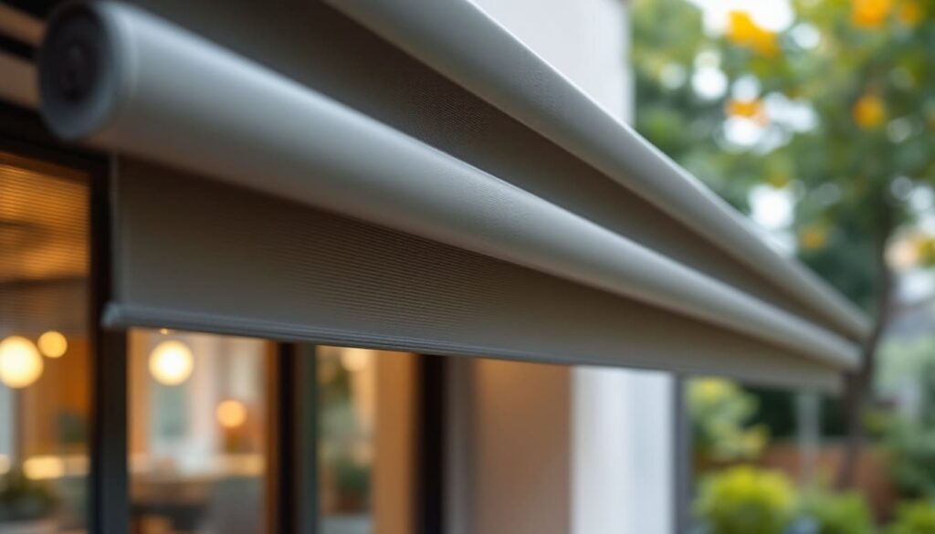 estructura de toldo con barras metalicas y tela gris en exterior
