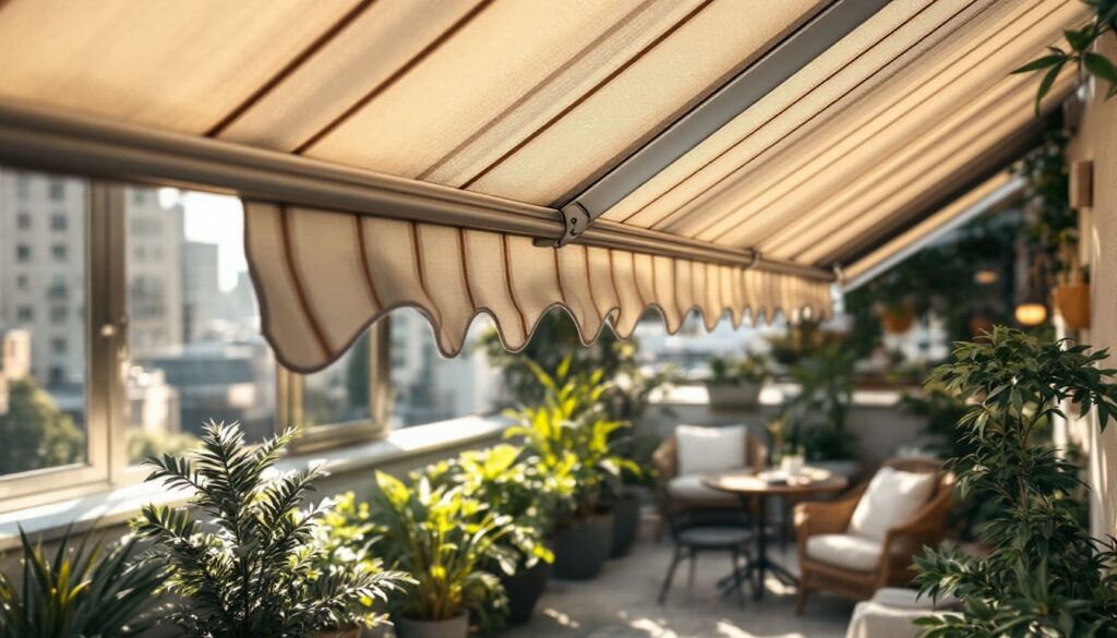 toldo extensible en terraza con muebles modernos
