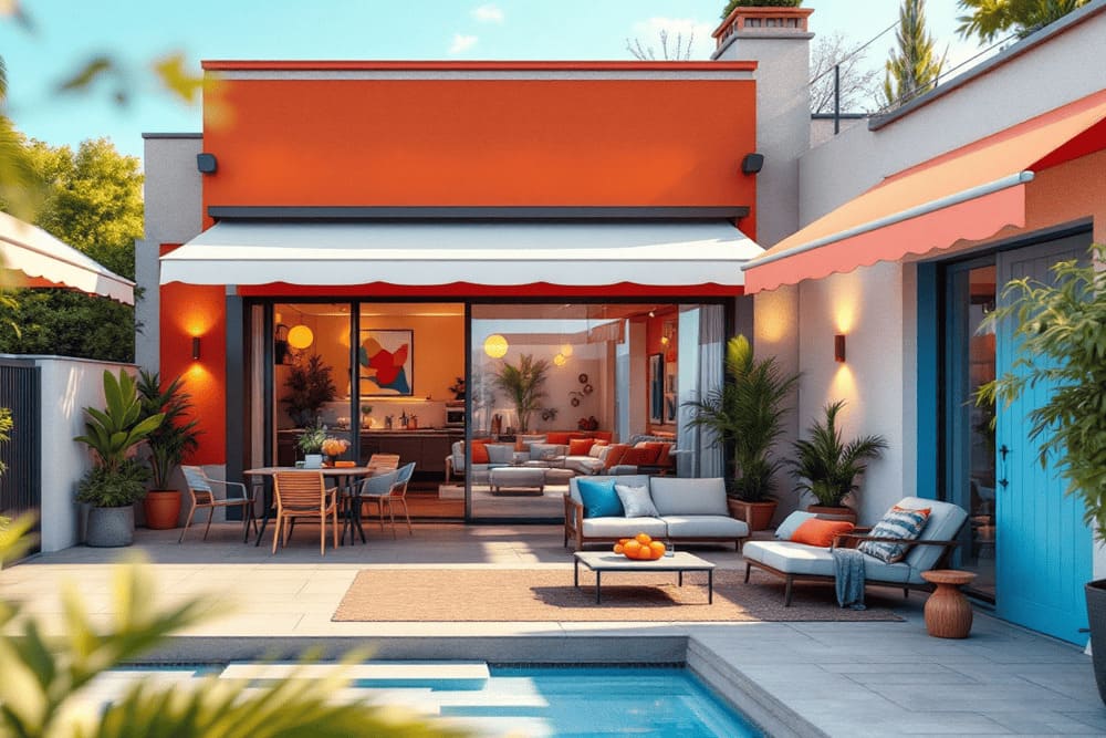 terraza moderna con piscina muebles exteriores y pared naranja al atardecer