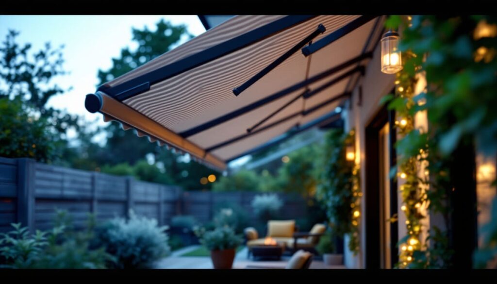 toldo extensible en terraza con iluminacion y jardin en segundo plano