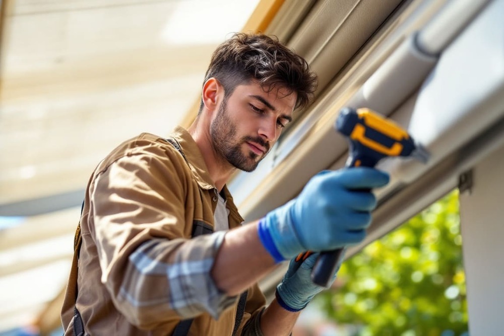 hombre realizando limpieza exterior con hidrolimpiadora en edificio residencial