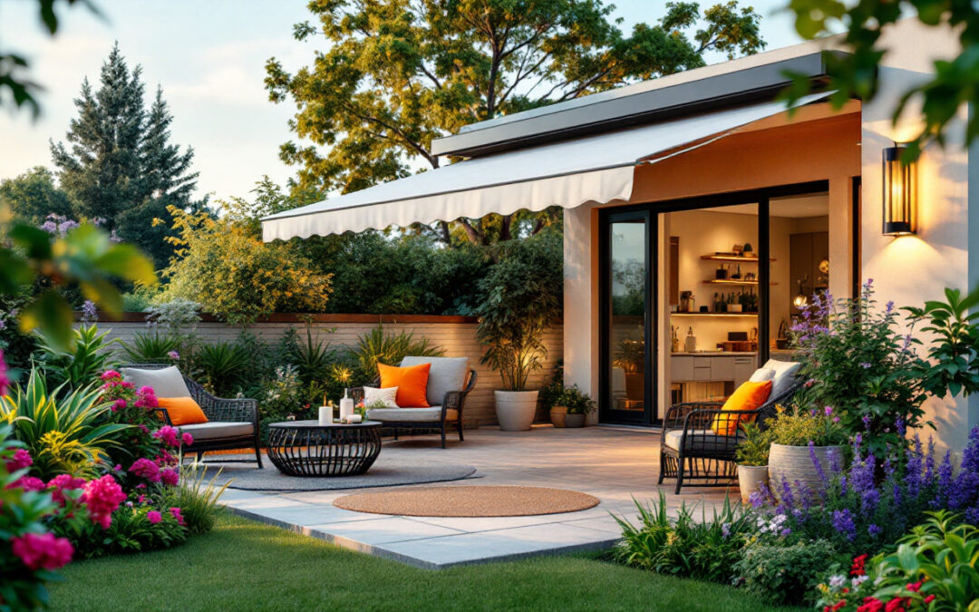 A photograph of a beautifully designed garden or terrace featuring a stylish