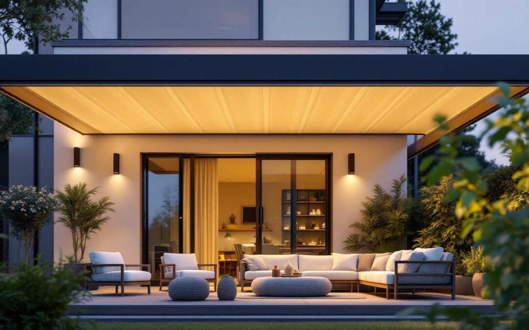 A photograph of a stylish outdoor space featuring a modern